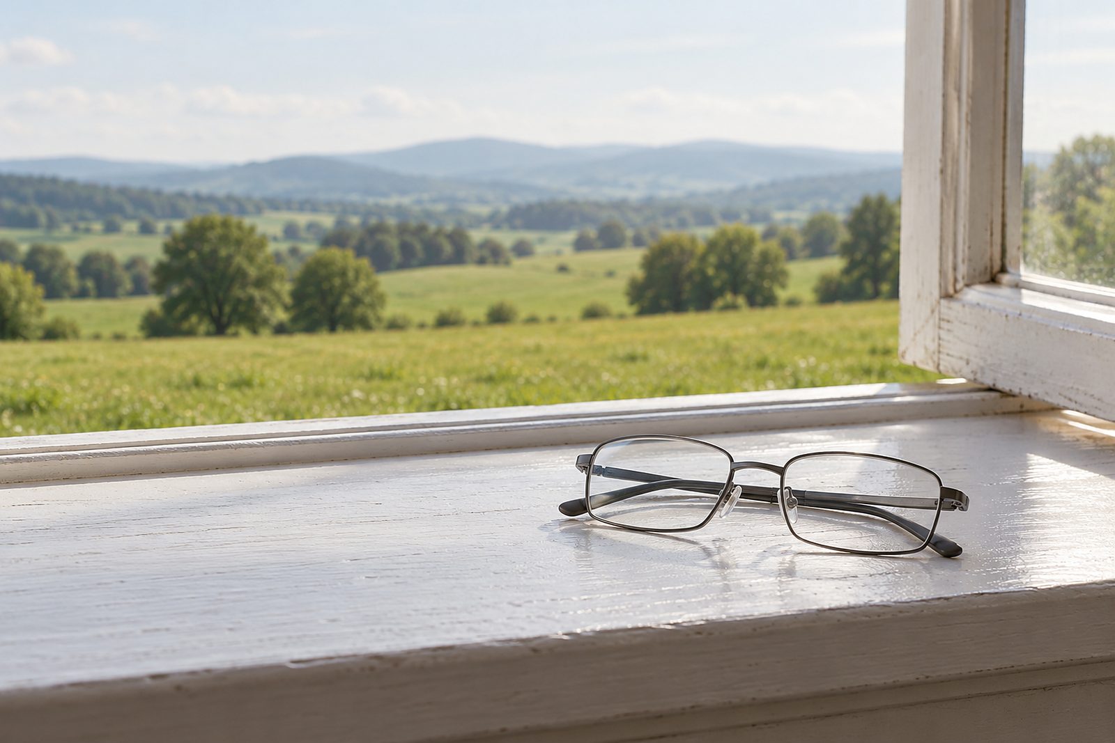 Eine schmale Metallbrille liegt auf einem weißen Fensterbrett, draußen unscharf eine weite Wiese mit Bäumen und Hügeln