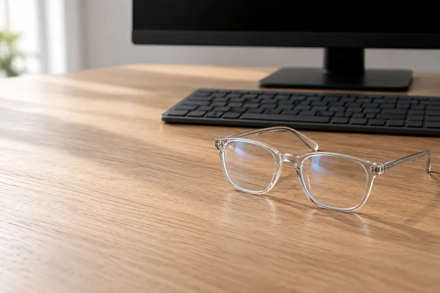 Klare Brille vor einer Tastatur, dahinter ein ausgeschalteter Monitor