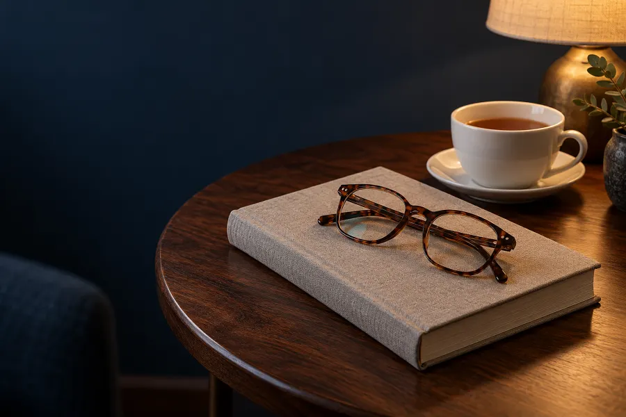 Lesebrille in Schildpatt auf einem geschlossenen Leinenbuch neben einer Teetasse